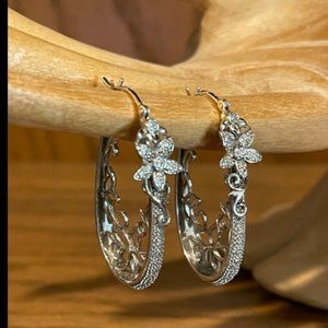 Sterling filigree and white zircon hoop earrings